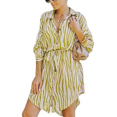 Yellow Striped Tie Waist Long Sleeve Shirt Dress Casual Fitted Shirt Dress For Beach, Green Relaxed Fit Long Sleeve Shirt Dress, Green Long Sleeve Relaxed Fit Shirt Dress, Casual Long Sleeve Striped Mini Dress, Casual Long Sleeve Mini Dress For Summer, Summer Cotton Shirt Dress With Long Sleeves, Cotton Long Sleeve Shirt Dress For Summer, Casual Striped Long Sleeve Shirt Dress, Green Cotton Shirt Dress For Day Out