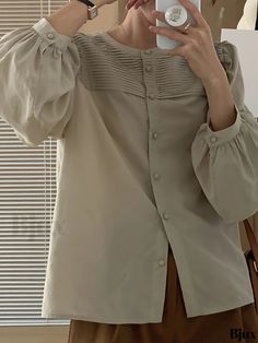 Bjux - Tucked Solid Blouse - Stylish Crew Neck Long Sleeve Top for Women Spring Office Blouse In Khaki, Khaki Blouse For Office In Spring, Khaki Top For Office In Spring, Fall Care, Elegant Fabric, Top For Women, Style Elegant, Long Sleeve Top, Collar Styles