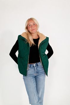 + rich hunter green color+ soft taupe fleece lined inside+ oversized & chic fit+ zipper closure in the front paired with the cooper high-rise denim Trendy Green Everyday Outerwear, Green Vest Outfit, Homecoming Shoes, Hunter Green Color, Green Vest, Vest Outfits, High Rise Denim, Puffer Vest, Hunter Green