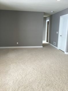 an empty living room with gray walls and white trim on the door, carpeted floor