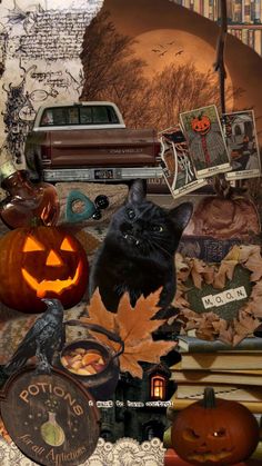 a collage of halloween items including pumpkins, jack - o'- lanterns and a car