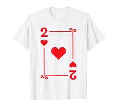 a white t - shirt with red playing card symbols on the front and bottom corner