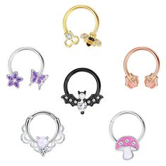 PRICES MAY VARY. 💃💃【Septum Jewelry】 One order includes 6pcs septum rings with cute butterfly, bee, mushroom, bat,claw, opal design, silver tone, gold tone, rose gold tone and black 4 color mixes make the nose ring easier to match different looks, The nose rings hoops will give you a statement look and sure compliment. 👧👧【 Nose Rings Use Design】Seamless hinge ring design, the clicker is easy to open or close, no matter how many times hoop nose rings for women opened or closed, the cartilage e Pretty Septum Jewelry, Cute Septum Rings, Septum Piercing Jewelry, Daith Earring, Nose Ring Hoop, Daith Piercing Jewelry, Nose Piercing Hoop, Septum Rings, Hinged Ring