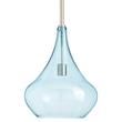 a light that is on top of a white wall mounted ceiling fixture with a blue glass shade