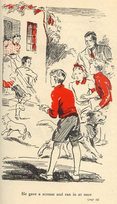 an old children's book with some illustrations on the page and in it, two boys are talking to each other