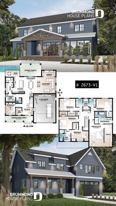 This 5 Bedroom Farmhouse, Country Cottage House Plans, Open Floor House Plans, Drummond House Plans, Two Story House, Cabin House Plans, Casas The Sims 4, Bedroom Farmhouse