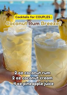 two coconut rum cocktails on the beach with text that reads, cocktails for couples coconut rum breeze