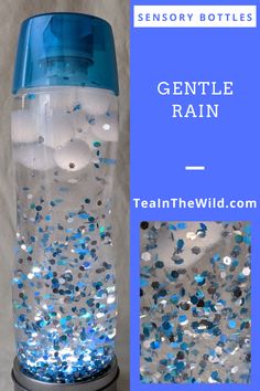 a water bottle filled with blue and silver confetti rain next to the words gentile rain