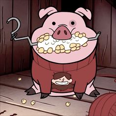 a cartoon pig is standing in front of a wooden wall and eating something out of his mouth