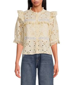 From Sam Edelman&#x2C; this blouse features: eyelet fabrication crew neckline puff elbow sleevesstraight hemline button front closure approx. 22" length cotton machine wash/dry flat Imported. Cotton Eyelet Puff Sleeve Tops, Spring Eyelet Blouse With Puff Sleeves, Casual Spring Puff Sleeve Top With Button Closure, Cotton Eyelet Tops With Puff Sleeves, Casual Spring Puff Sleeve Top, Casual Eyelet Blouse For Daywear, Summer Eyelet Blouse With Puff Sleeves, Feminine Eyelet Blouse For Spring, Spring Feminine Eyelet Blouse