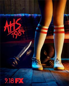 a person standing next to a couch with a knife on it's feet and the words ahs 1994 above them