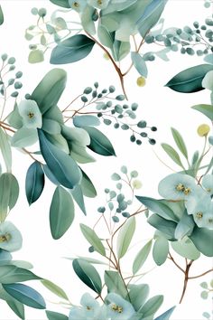 a white background with blue flowers and green leaves on the top right corner is an image of eucalyptus branches