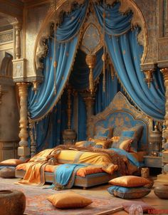 an elaborately decorated bedroom with blue drapes and gold bedding, along with orange pillows