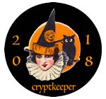 a clock with an image of a witch and a cat on it's face