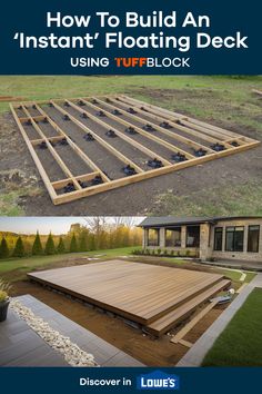 deck subframe before and after with finished deck in yard Low Profile Deck, Mixing Concrete, Building A Floating Deck, Easy Deck, Build A Deck