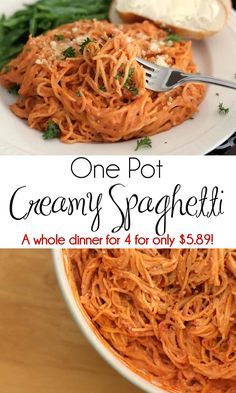 one pot creamy spaghetti with garlic and parmesan cheese is the perfect dinner for two