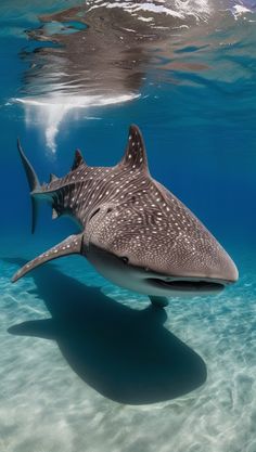 a whale shark swims in the water with it's shadow on the surface