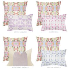 four pillows with different patterns on them and the names of each pillow in white, pink, blue, green, purple