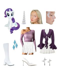 several different outfits and accessories are shown in this image, including a purple pony costume