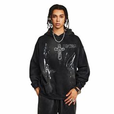 Cross Wave Oversized Graphic Hoodie - h0neybear