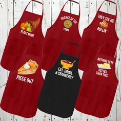 four aprons with different types of food on them