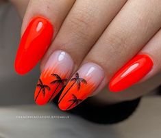 A striking design that features neon orange nails with accent nails showcasing palm tree silhouettes against a sunset gradient. The intense orange hue contrasts beautifully with the delicate black palm trees, creating a dramatic and eye-catching look. The glossy finish and almond shape enhance the bold, tropical aesthetic, perfect for summer nights.@effenails Nails With Accent, Neon Orange Nails, Sunset Gradient, Tropical Aesthetic