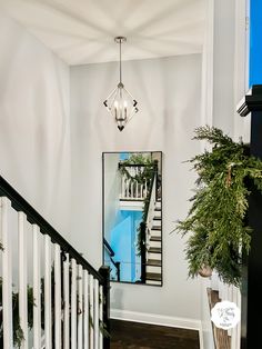 a staircase with a mirror and potted plant on the wall next to railings