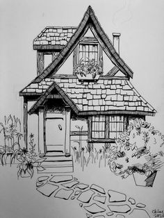 a drawing of a house that is in the middle of some grass and flowers on the ground