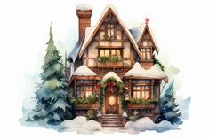 a watercolor painting of a house with christmas decorations