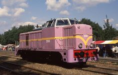 a pink train is sitting on the tracks near some trees and people are standing around