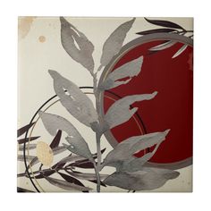 an abstract painting with leaves and circles in red, white, black and grey colors