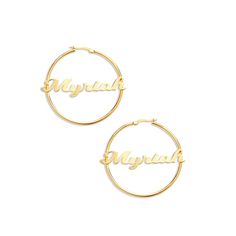 Hoop earrings with name, personalized, custom name hoops with gold, silver options from The M Jewelers. Personalized Everyday Hoop Jewelry, Personalized Sterling Silver Hoop Jewelry, Personalized Small Hoop Jewelry For Anniversary, Customizable Round Earrings For Anniversary, Customizable Earrings For Anniversary, Customized Gold Hoop Jewelry, Customized Small Hoop Gold Jewelry, Customizable Gold Hoop Jewelry, Customizable Small Gold Hoop Earrings