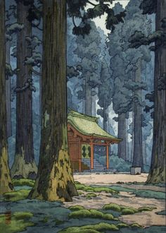 an illustration of a small cabin in the middle of a forest with trees and moss on the ground