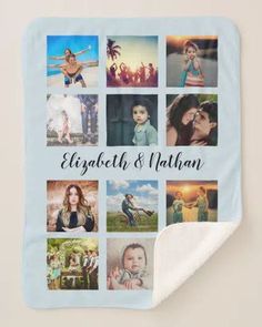 the personalized blanket is shown with many pictures on it and has an inscription that reads,