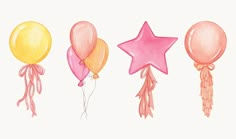 three balloons, one pink and one yellow with stars on them