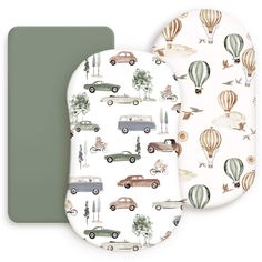 two plates with hot air balloons and cars on them