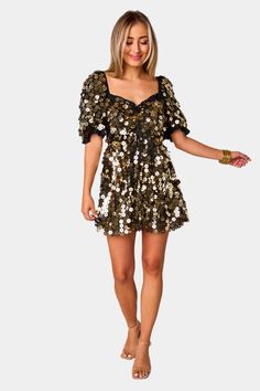 BuddyLove Colby Puff Sleeve Mini Dress - Pennies From Heaven Sequin Short Dress, Pennies From Heaven, Fancy Fits, Large Sequins, Gold And Black Dress, Puff Sleeve Mini Dress, Butterfly Dress, Floral Sundress, Sparkly Dress