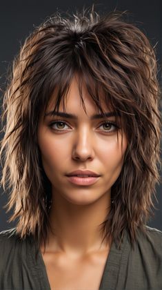 The choppy medium shag is characterized by its irregular, jagged layers that add a lot of edge and personality to the style. This haircut is great for those with fine hair, as it adds volume and texture, making the hair appear thicker. Medium Shag, Rocker Hair, Pixie Bob Haircut, Layered Haircuts For Medium Hair, Shaggy Hair