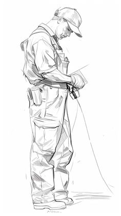 a black and white drawing of a man in overalls