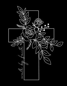 a cross with flowers and leaves on it