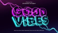 the words good vibes are lit up in pink and blue