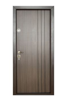 a wooden door with two locks on the front and side doors, both in dark wood