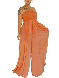 Material: This sexy off-shoulder one-piece wide-leg jumpsuit is made of 91%-99%polyester. a material that is soft. stretchy. breathable jumpsuits.Feature:Off shoulder. sleeveless. solid color. ruched design. high waist. sexy strapless and tube jumpsuit. dressy jumpsuits for women. one-piece elegant jumpsuits. Dressy Jumpsuits, Tube Top Jumpsuit, Wide Leg Jumpsuits, Chiffon Jumpsuit, Tube Jumpsuit, Ruched Maxi Dress, Multi Dress, High Waist Wide Leg Pants, Jumpsuit Dressy