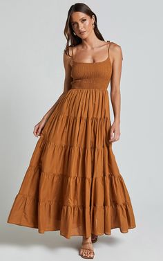 Angie Maxi Dress - Tie Strap Ruched Tiered Dress in Chocolate Flowy Maxi Dresses, 2024 Photoshoot, Brown Maxi Dress, Photoshoot Dresses, Brown Maxi Dresses, Wardrobe Refresh, Creative Clothes, Feel Empowered, Green Dresses