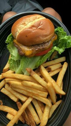 a hamburger and french fries on a black plate