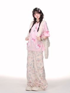 Cutecore Pants, Wide Leg Pants Aesthetic, Backless Shirt, Study Stationery, Semi Sheer Top, Kawaii Fashion Outfits, Bow Pattern, Pair Of Pants, Kawaii Fashion