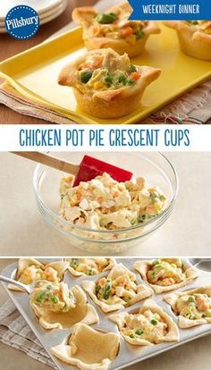 chicken pot pie crescent cups with text overlay