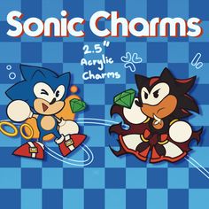 two cartoon characters are playing together on a blue and white checkerboard background with the words sonic charms