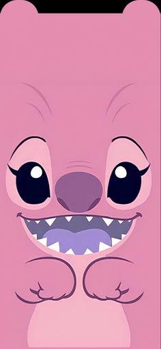 an animated pink bear with big teeth and sharp fangs on it's face is smiling