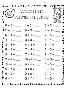 valentine addition practice sheet for students to use in their math workbook, which includes numbers and